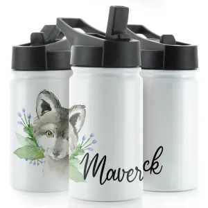 Personalised Wolf Blue Flowers and Name White Sports Flask