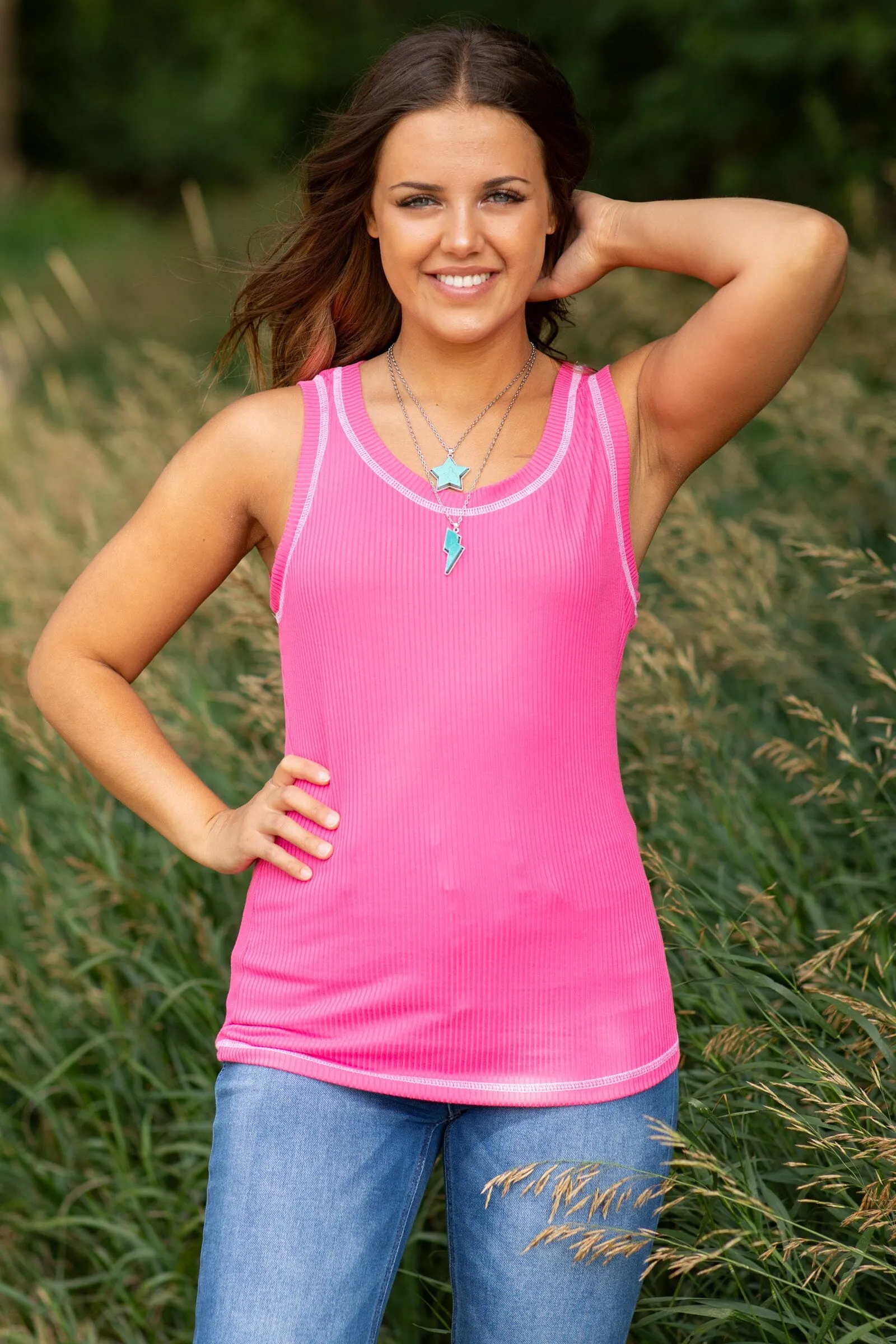 Pink Contrast Stitch Detail Tank