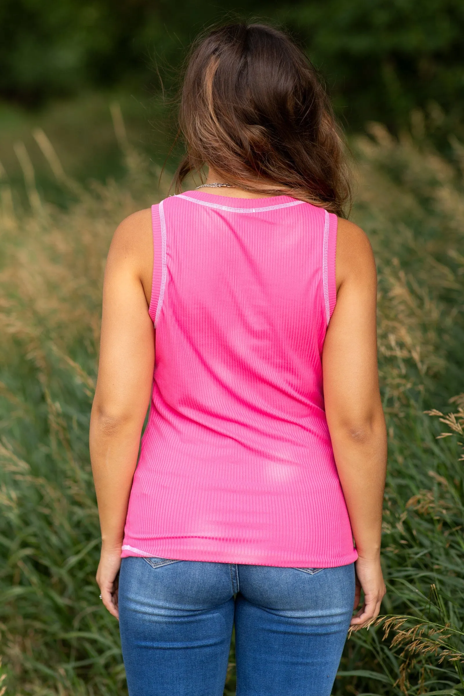 Pink Contrast Stitch Detail Tank