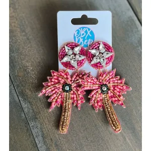 Pink Palm Tree Seed Beaded Dangle Earrings
