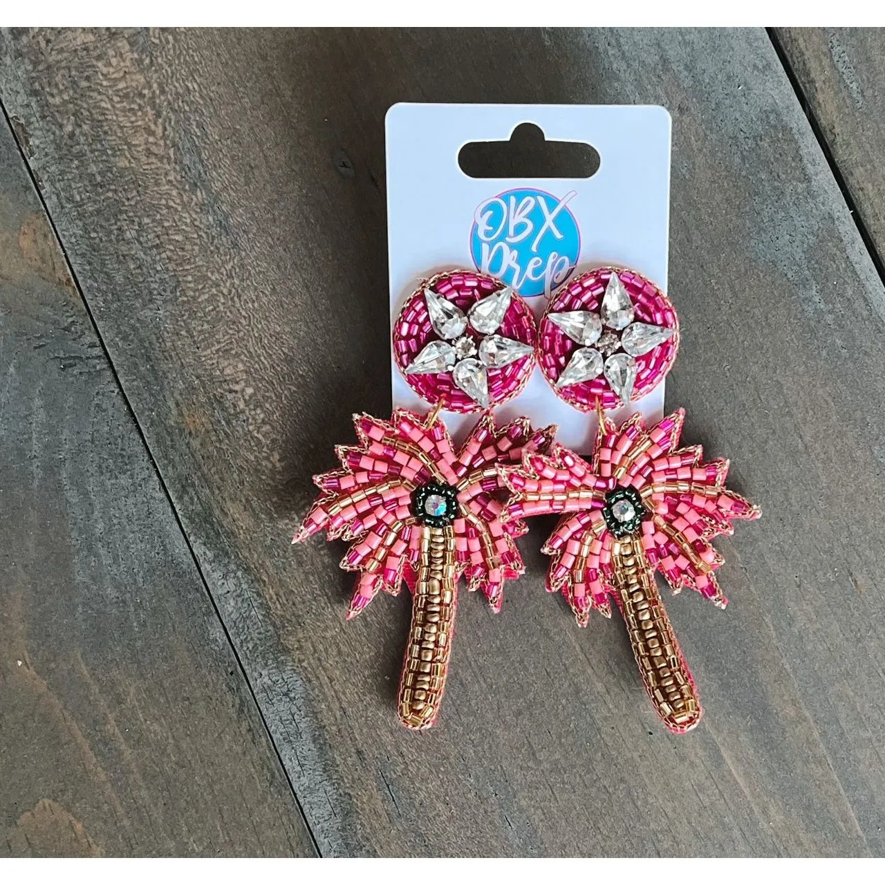 Pink Palm Tree Seed Beaded Dangle Earrings