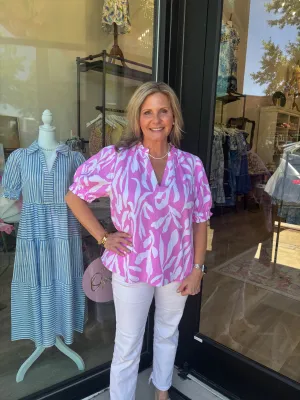 Pink Puff Sleeve Abstract Print Top