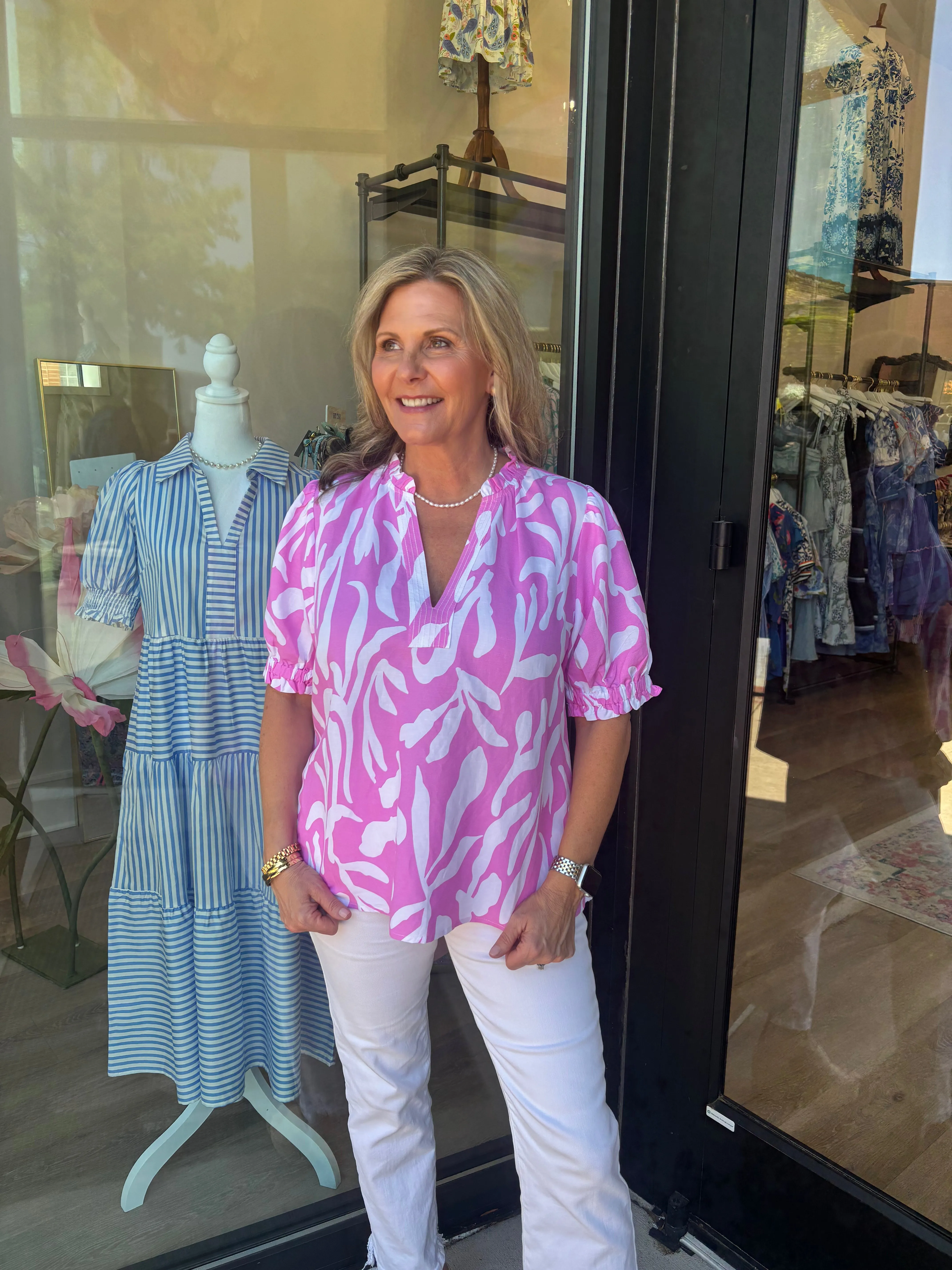 Pink Puff Sleeve Abstract Print Top