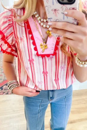 Pink Ric-rac Trim Ruffled Sleeve V Neck Bow Striped Blouse