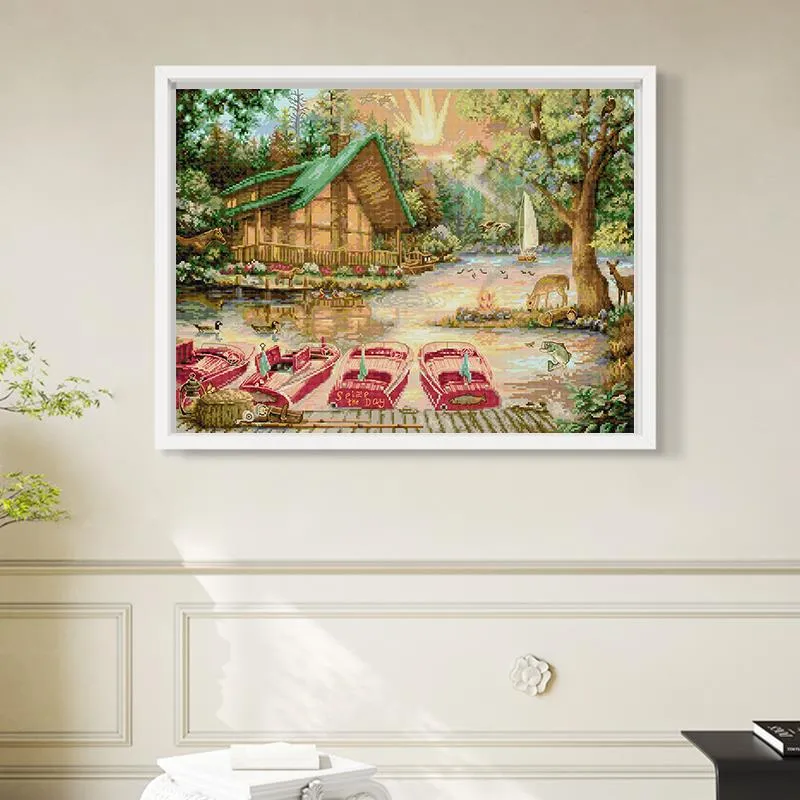 River House and Boat Landscape Cross Stitch Kits