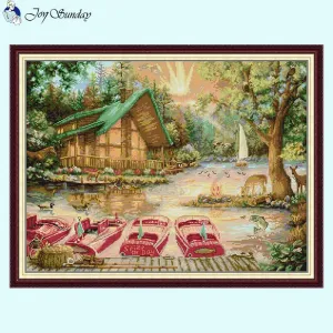 River House and Boat Landscape Cross Stitch Kits