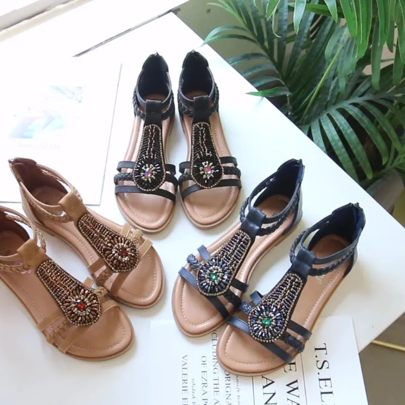 Roman Inspired Strappy Ankle Sandals with Beaded Details