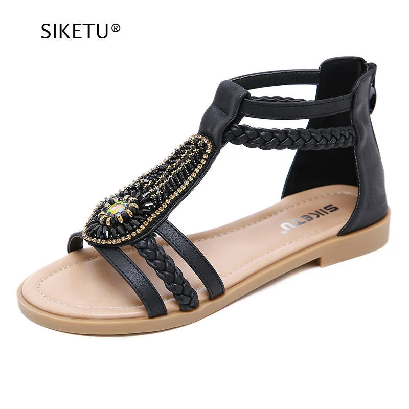 Roman Inspired Strappy Ankle Sandals with Beaded Details