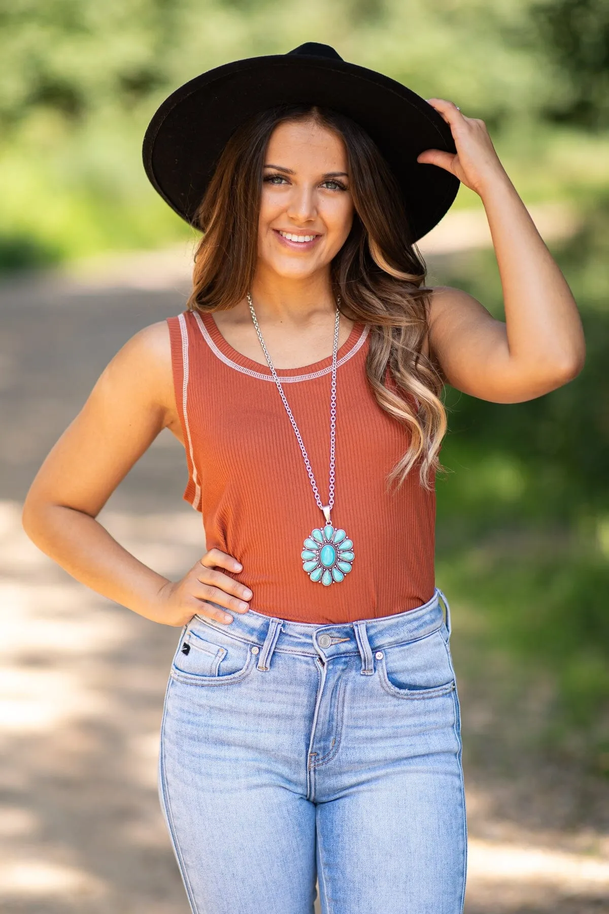 Rust Contrast Stitch Detail Tank