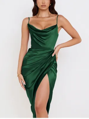 Satin Elegant Midi Dress - Split Adjustable Strap