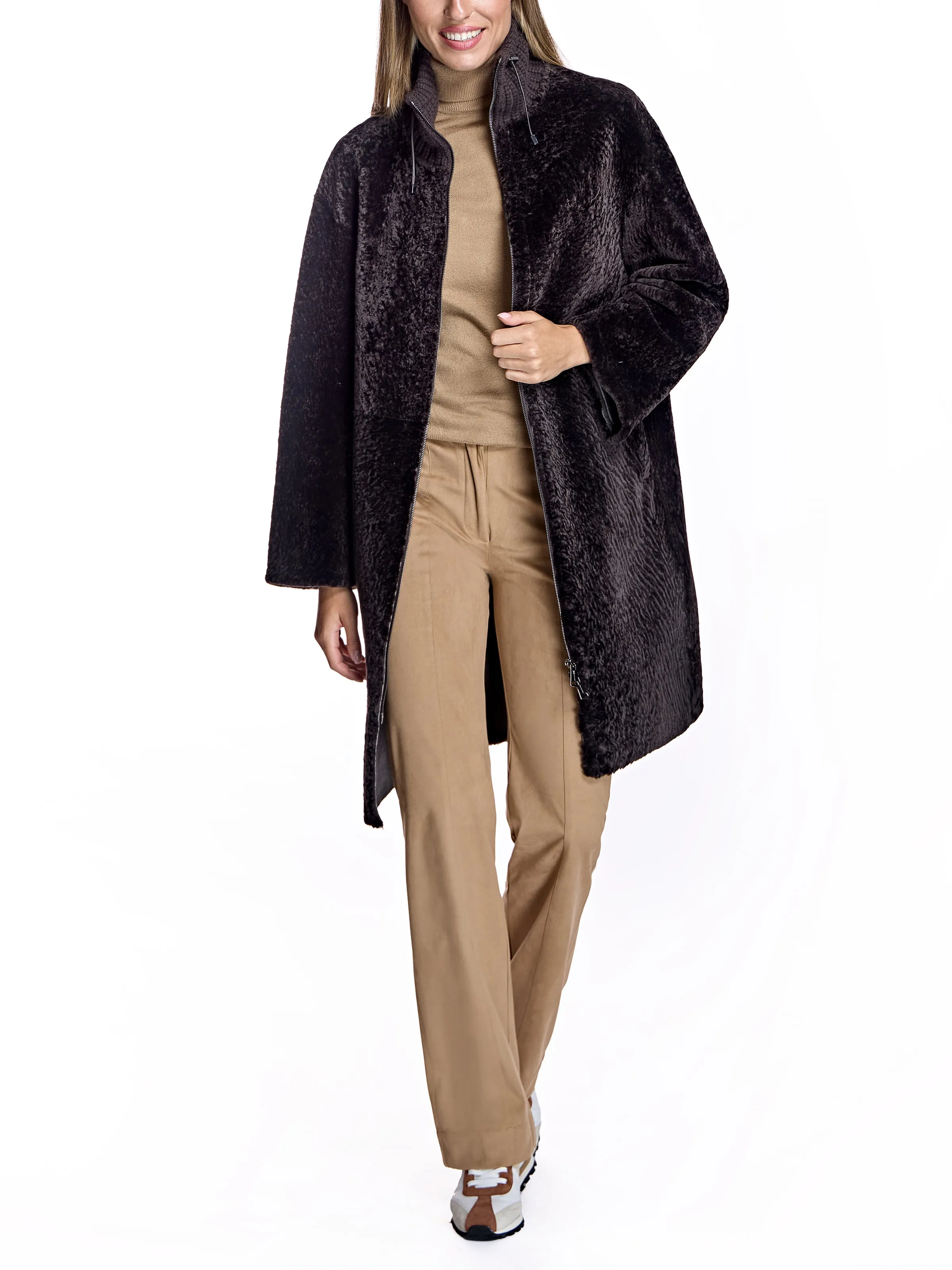 Shearling Lamb Coat with Knit Collar