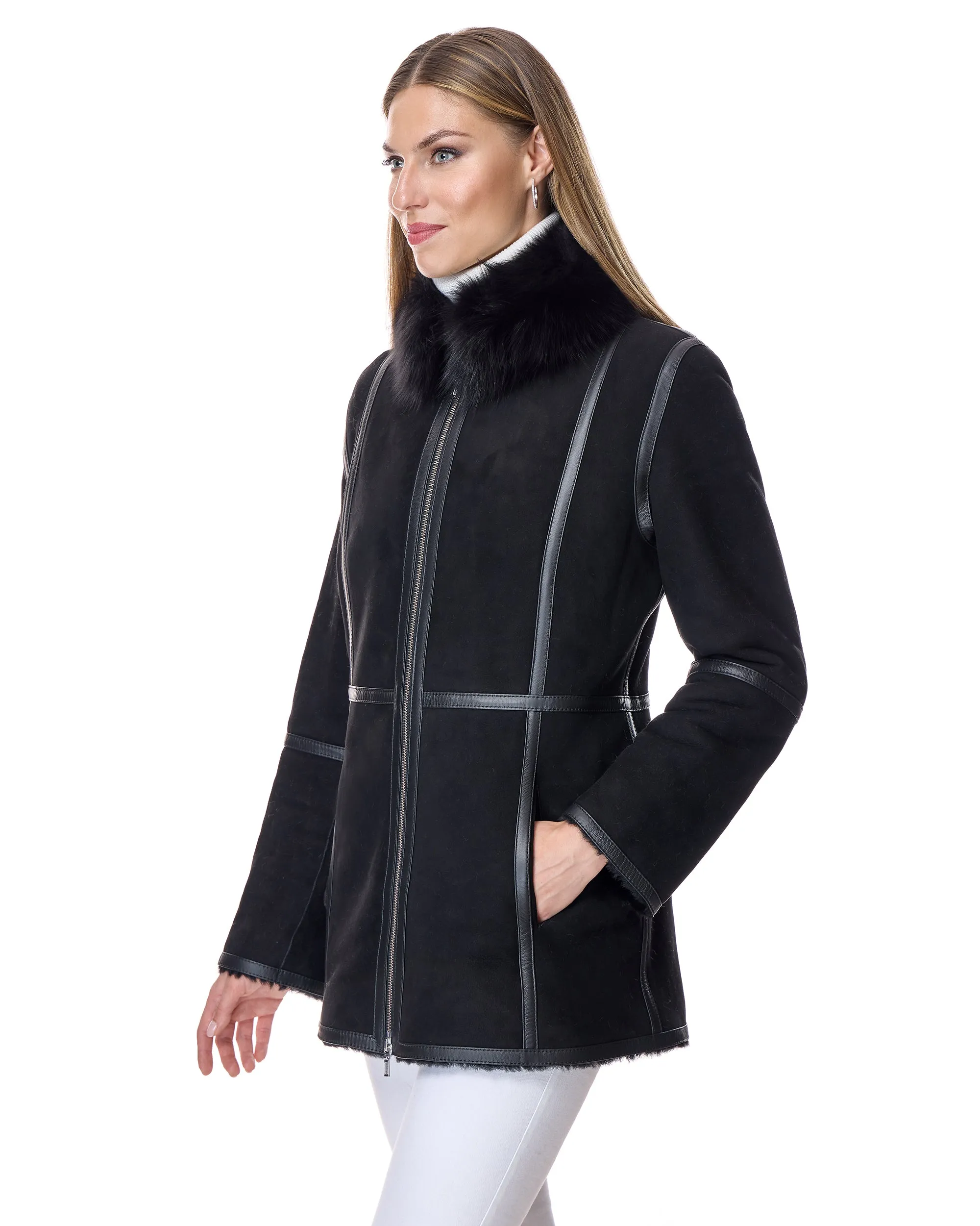 Shearling Lamb Jacket with Fox Stand Collar