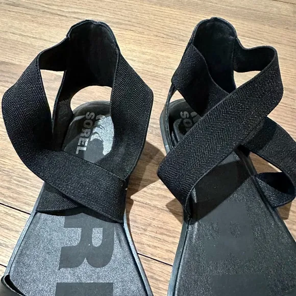 Sorel Ella II Leather Flat Ankle Sandal Black Size 8.5