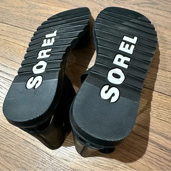 Sorel Ella II Leather Flat Ankle Sandal Black Size 8.5