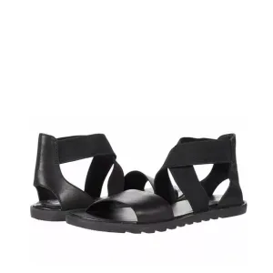 Sorel Ella II Leather Flat Ankle Sandal Black Size 8.5
