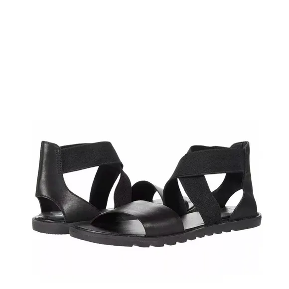 Sorel Ella II Leather Flat Ankle Sandal Black Size 8.5