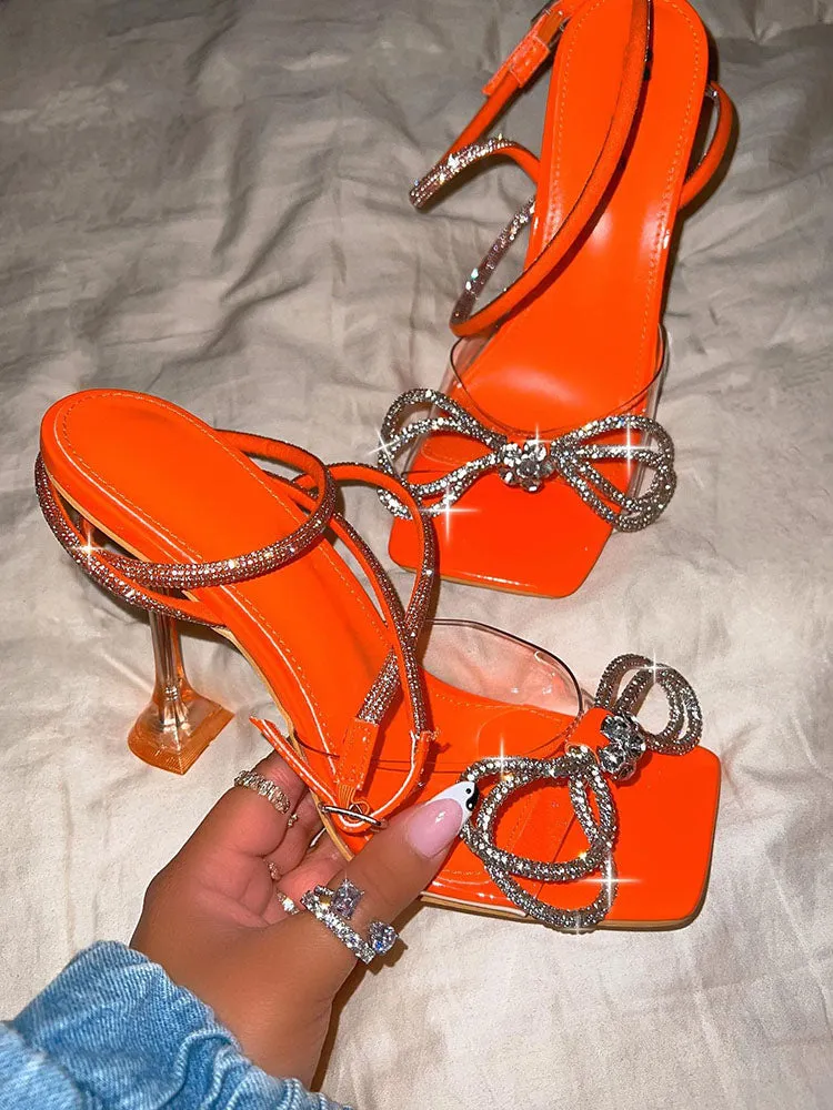 Sparkling Bow Square Toe High Heels