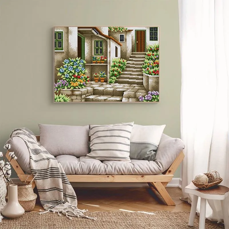 Stone Staircase Flower Scenery Cross Stitch DIY Hand Embroidery Kit