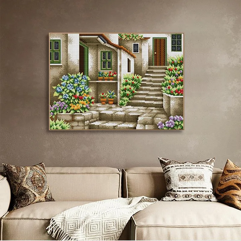 Stone Staircase Flower Scenery Cross Stitch DIY Hand Embroidery Kit