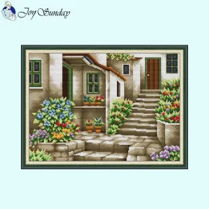 Stone Staircase Flower Scenery Cross Stitch DIY Hand Embroidery Kit