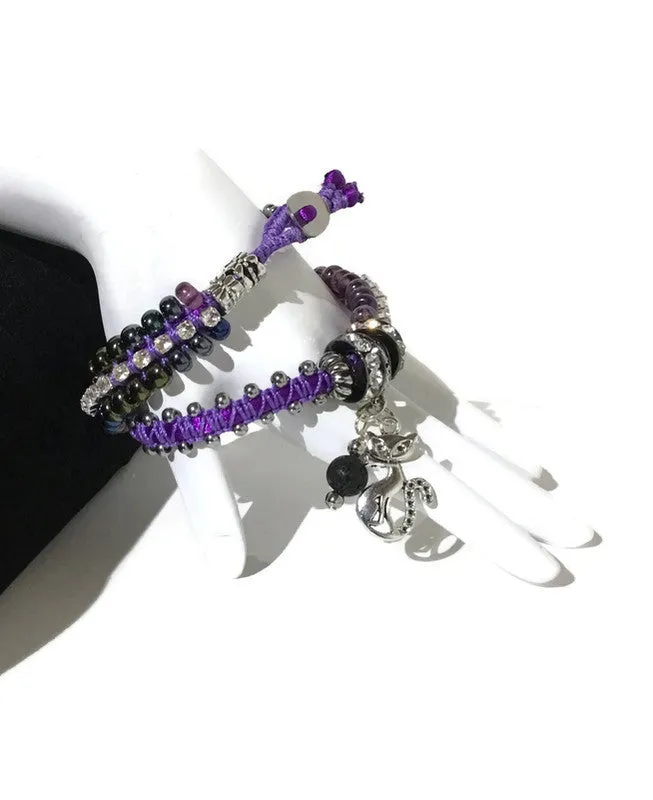 THE PURPLE PUSSYCAT DIFFUSER  BRACELET, double wrap macrame bracelet,  crystal chain, woman's size, boho-chic style