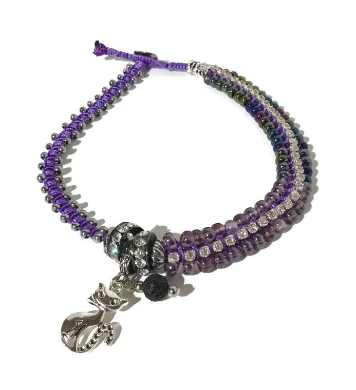 THE PURPLE PUSSYCAT DIFFUSER  BRACELET, double wrap macrame bracelet,  crystal chain, woman's size, boho-chic style