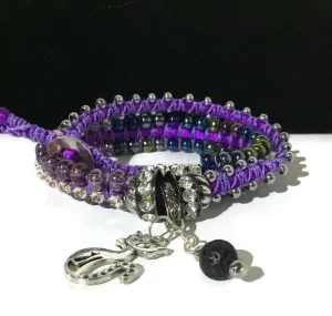 THE PURPLE PUSSYCAT DIFFUSER  BRACELET, double wrap macrame bracelet,  crystal chain, woman's size, boho-chic style