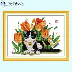 Tulips and Cat Joy Sunday Cross Stitch Kits