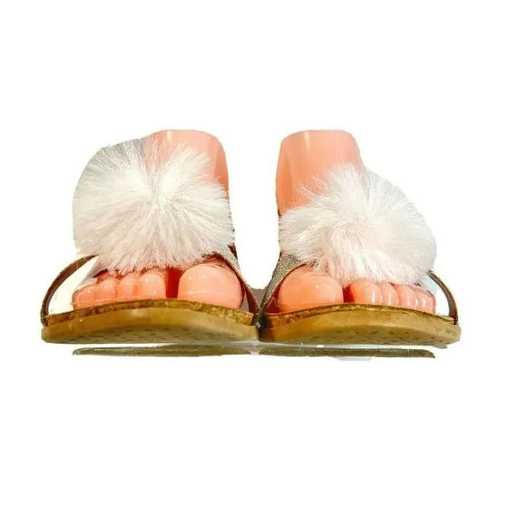 UGG Girls Pink Faux Fur Pom Pom Sandals Size 5 Fonda Glitter Pink Silver