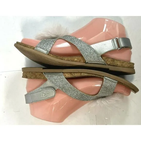 UGG Girls Pink Faux Fur Pom Pom Sandals Size 5 Fonda Glitter Pink Silver