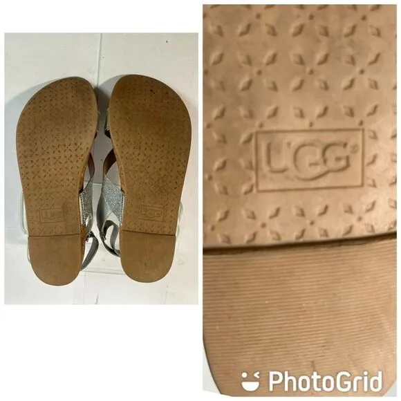 UGG Girls Pink Faux Fur Pom Pom Sandals Size 5 Fonda Glitter Pink Silver
