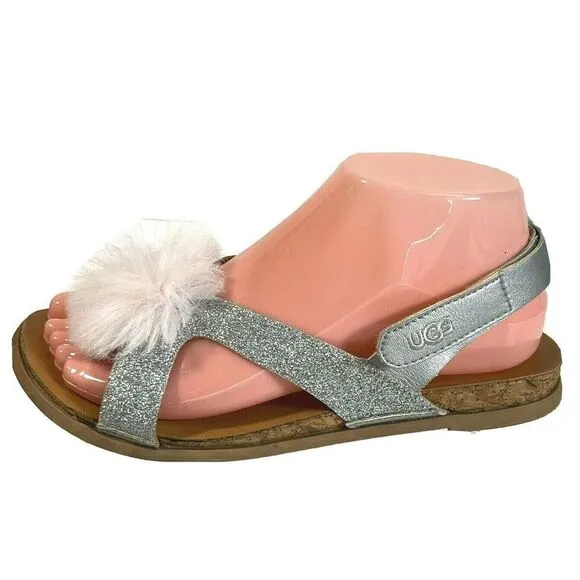 UGG Girls Pink Faux Fur Pom Pom Sandals Size 5 Fonda Glitter Pink Silver