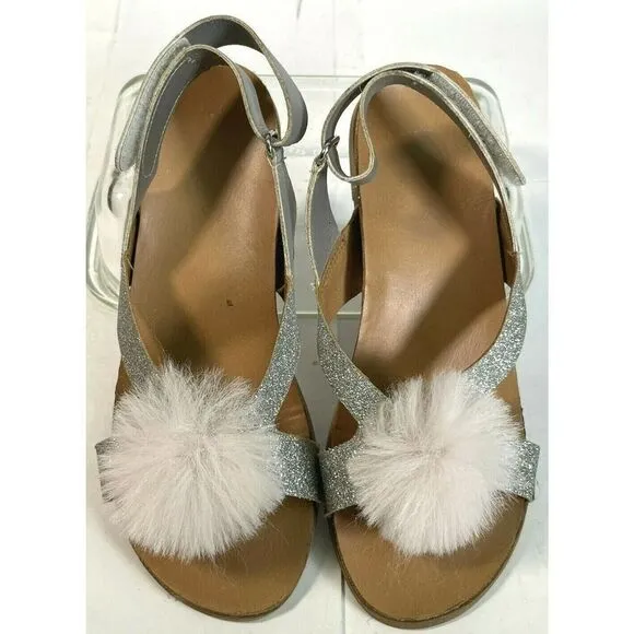 UGG Girls Pink Faux Fur Pom Pom Sandals Size 5 Fonda Glitter Pink Silver