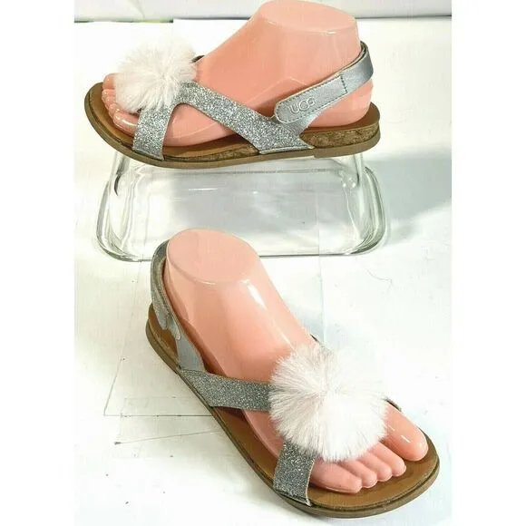 UGG Girls Pink Faux Fur Pom Pom Sandals Size 5 Fonda Glitter Pink Silver