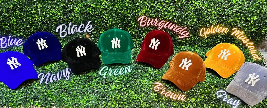 VELVET BLINGED NEW YORK CAP