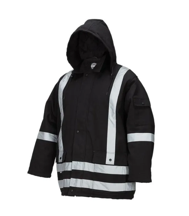 Winter Lined Black Cotton Canvas Parka with Reflective Stripes