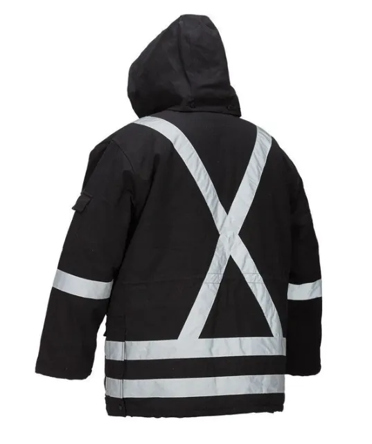 Winter Lined Black Cotton Canvas Parka with Reflective Stripes