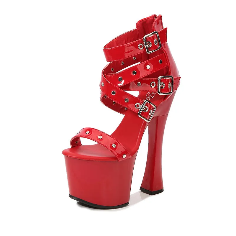 XIEYINSHE  1097-20 Chunky Heel Model Rivet Pull-on Roman Sandals  High Heel 17cm Stiletto Heel Summer Waterproof Platform