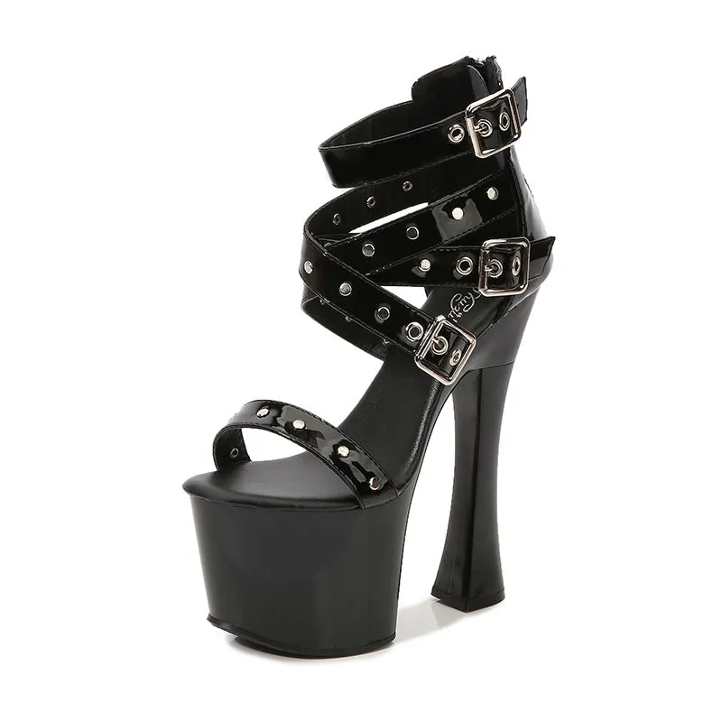 XIEYINSHE  1097-20 Chunky Heel Model Rivet Pull-on Roman Sandals  High Heel 17cm Stiletto Heel Summer Waterproof Platform